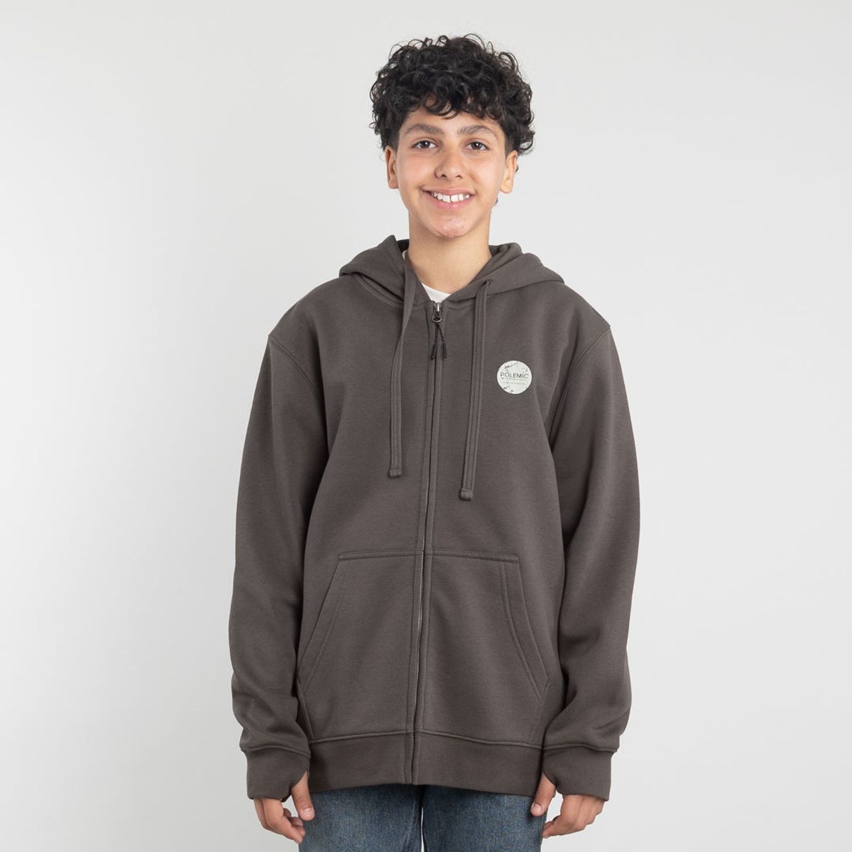 POLEMIC - Poleron con cierre y gorro Invierno Café niño POLEMIC