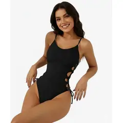 HAMI BOUTIQUE - Traje de Baño Entero Acanalado Negro - Detalle Lateral Tejido- Ajustable
