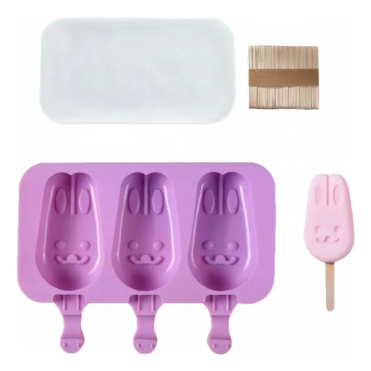 GENERICO - Molde Silicona Helado Paleta Conejo 3 Cavidades + Palitos
