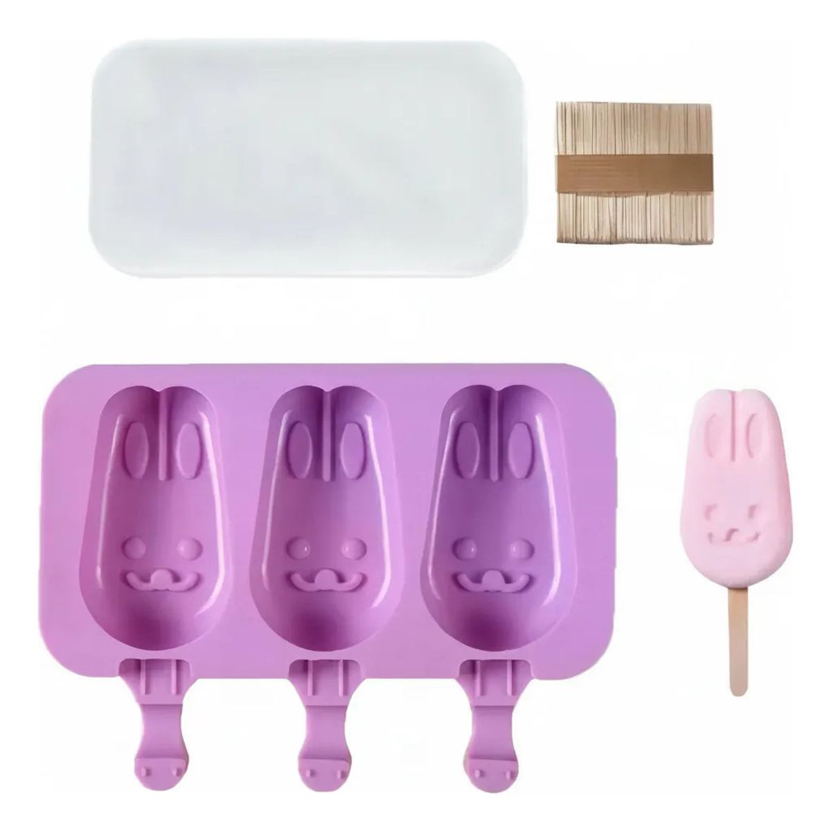 GENERICO - Molde Silicona Helado Paleta Conejo 3 Cavidades + Palitos