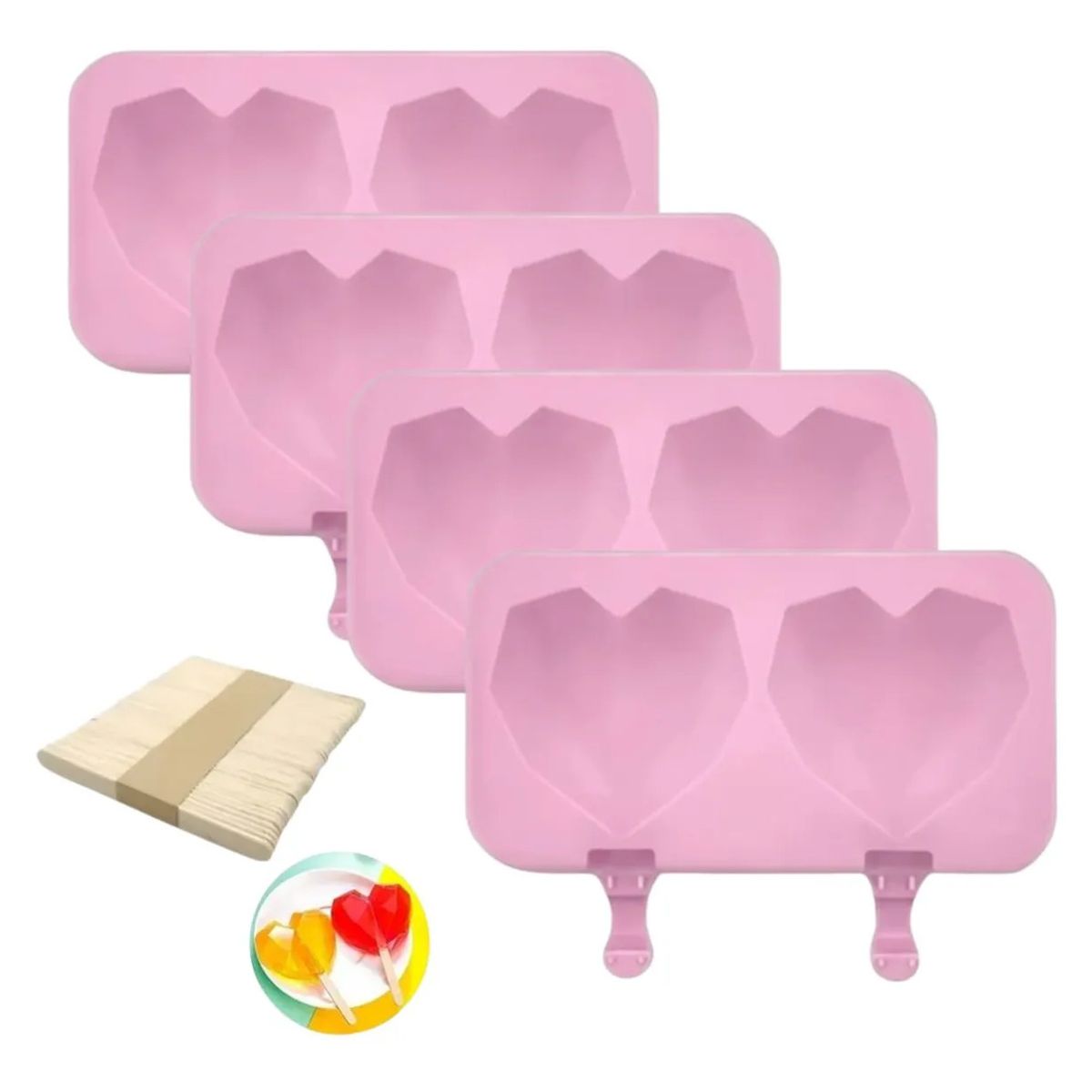 GENERICO - Pack x 4 Molde Silicona Helado Corazon Diamante 2 Cavidades