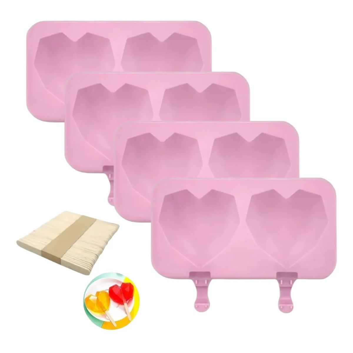 GENERICO - Pack x 4 Molde Silicona Helado Corazon Diamante 2 Cavidades