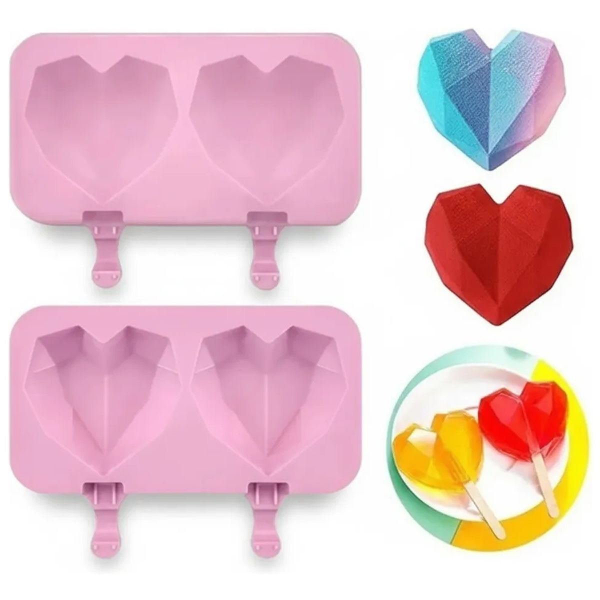 GENERICO - Pack x 4 Molde Silicona Helado Corazon Diamante 2 Cavidades