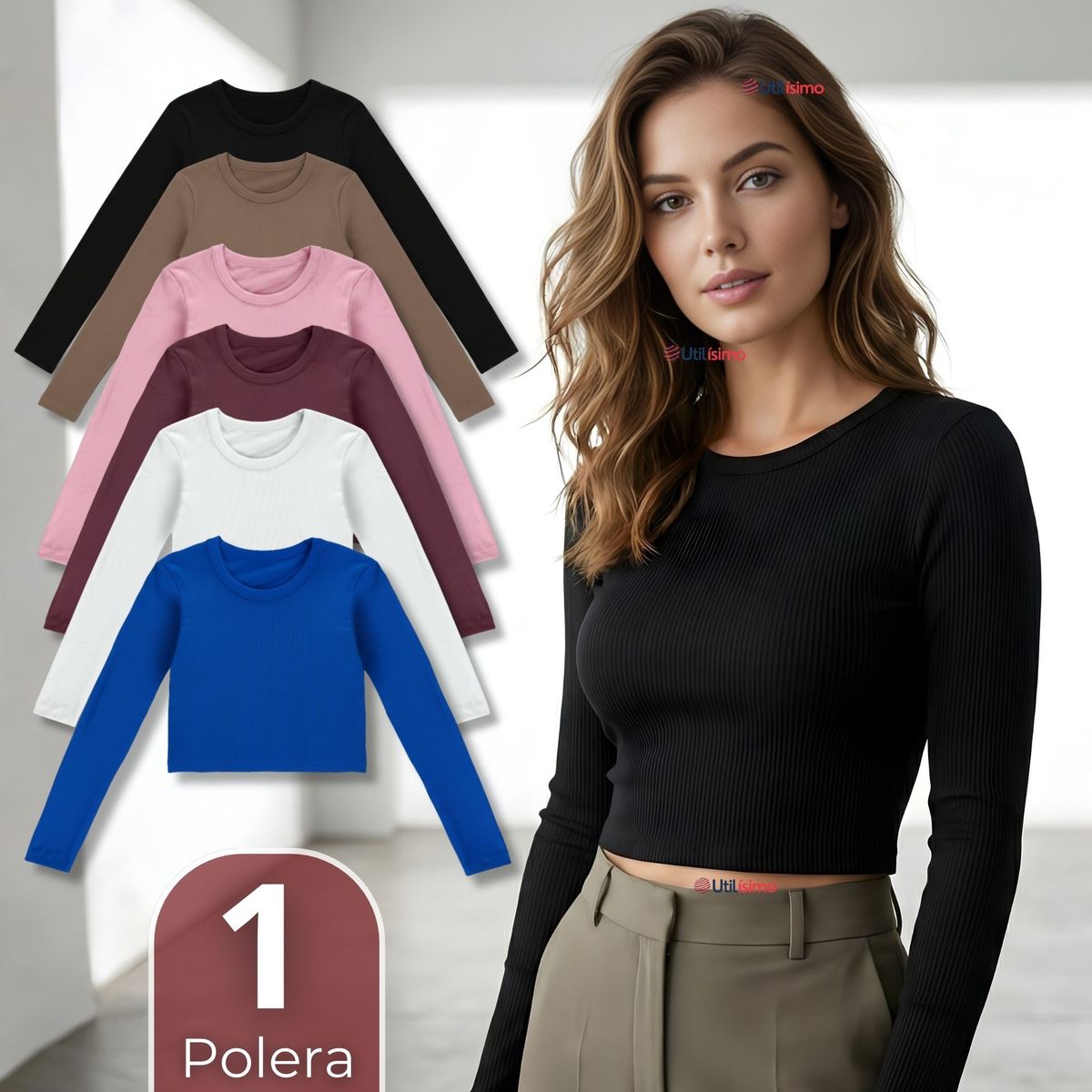 UTILISIMO - Camiseta Polar Manga Larga Polera Tela Acanalada Colores Surtidos