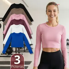 UTILISIMO - Pack 3 Camisetas Polar Manga Larga Polera Tela Acanalada Colores Surtidos