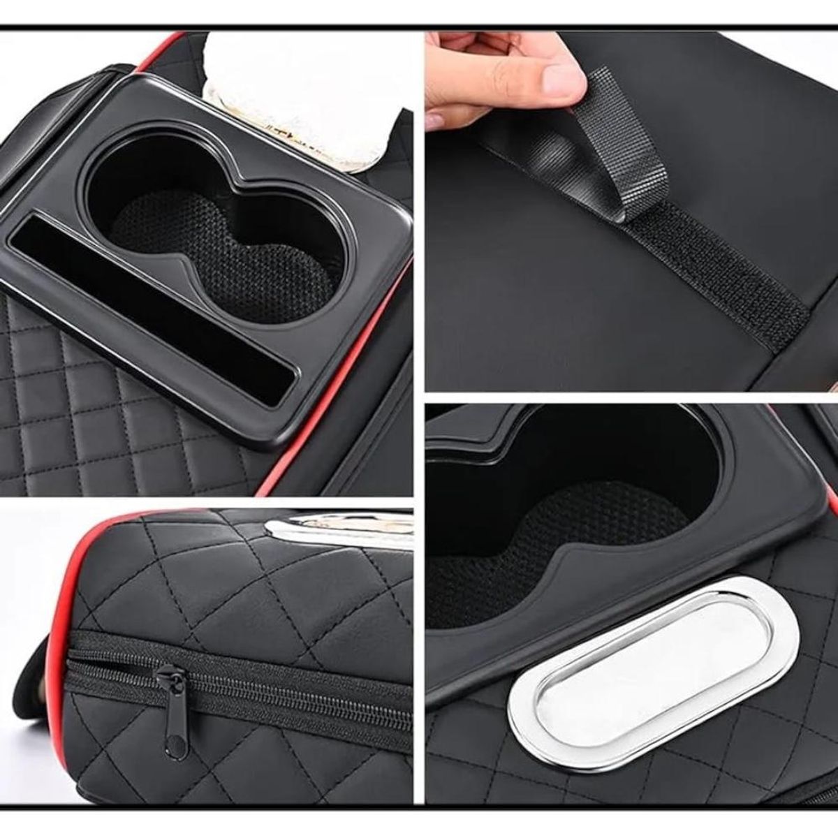 GENERICO - Portavasos De Consola Apoya Brazos Organizador Para Automóvil Universal Negro Lineas Rojas