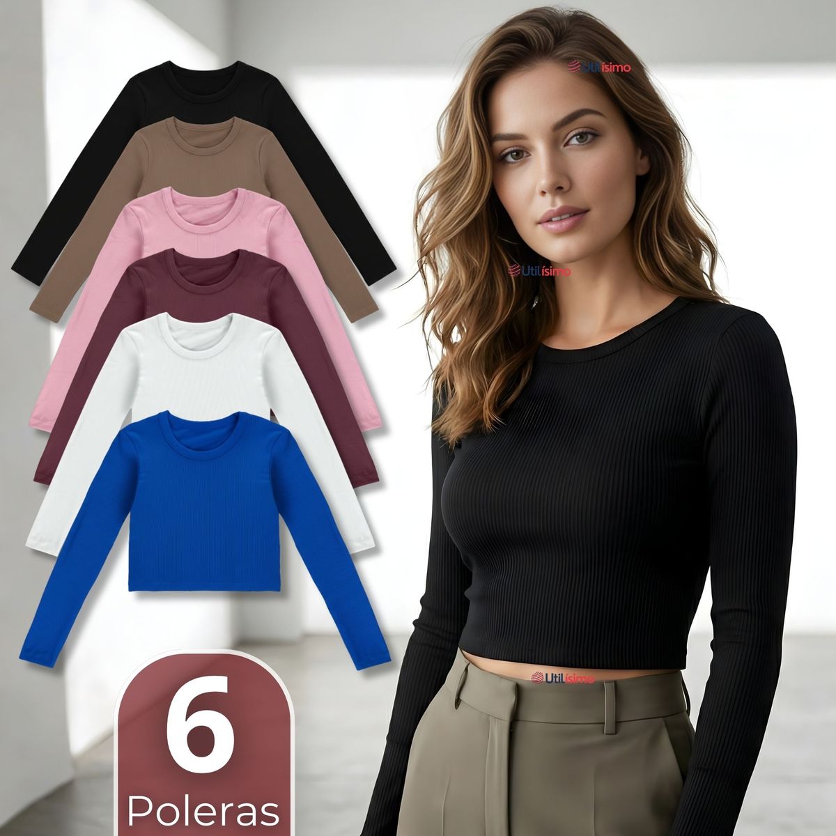 UTILISIMO - Pack 6 Camisetas Polar Manga Larga Polera Tela Acanalada Colores Surtidos