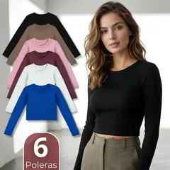 UTILISIMO - Pack 6 Camisetas Polar Manga Larga Polera Tela Acanalada Colores Surtidos