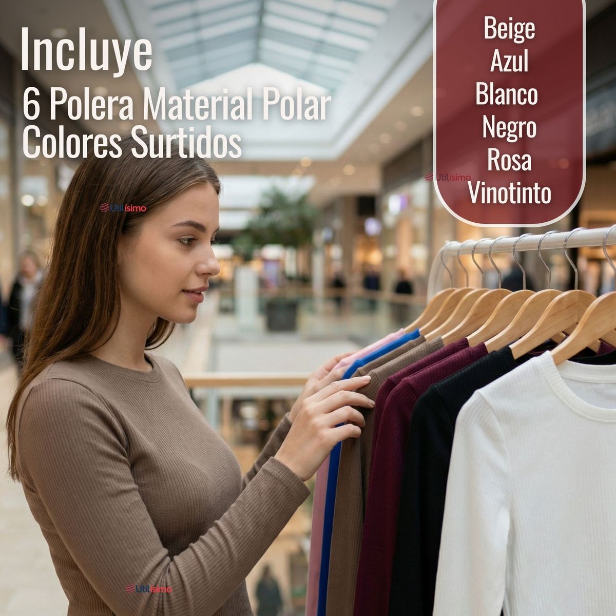 UTILISIMO - Pack 6 Camisetas Polar Manga Larga Polera Tela Acanalada Colores Surtidos