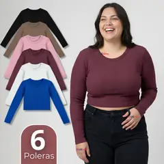 UTILISIMO - Pack 6 Camisetas Polar Manga Larga Polera Tela Acanalada Colores Surtidos