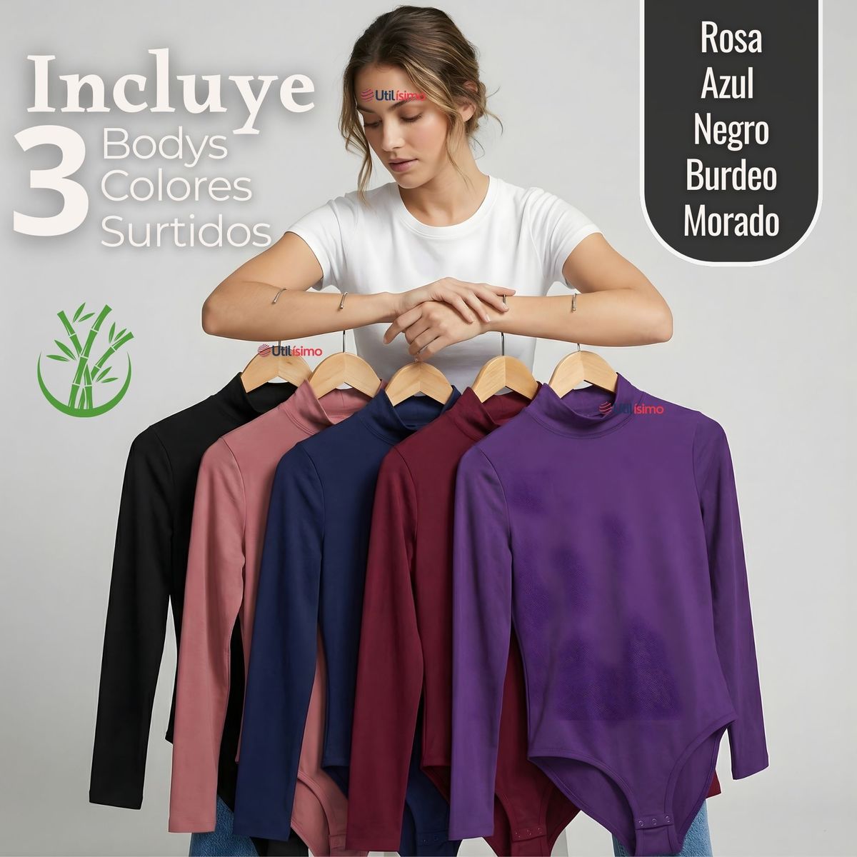UTILISIMO - Pack 3 Bodys Manga Larga Bambú Cuello Alto Beatle Mujer Colores Surtidos