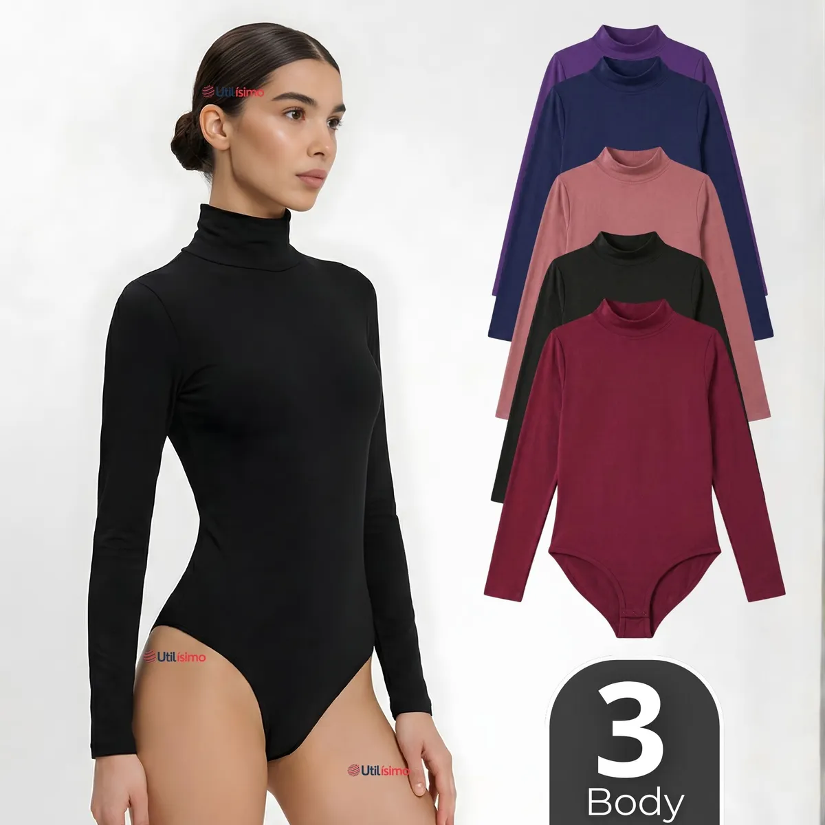 UTILISIMO - Pack 3 Bodys Manga Larga Bambú Cuello Alto Beatle Mujer Colores Surtidos
