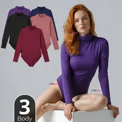 UTILISIMO - Pack 3 Bodys Manga Larga Bambú Cuello Alto Beatle Mujer Colores Surtidos