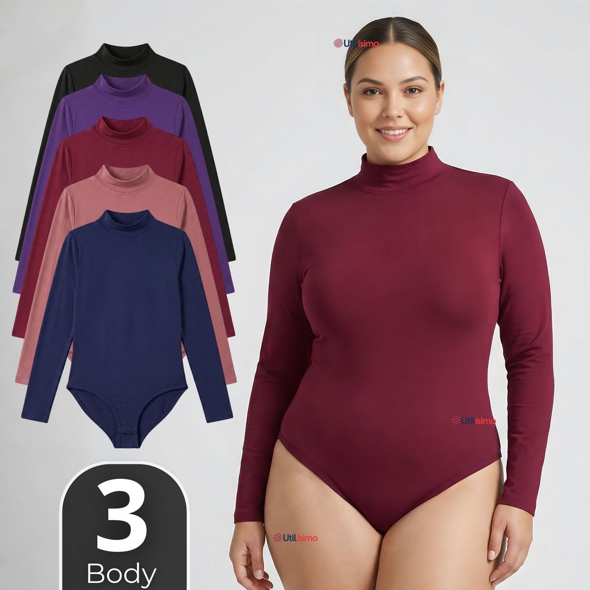 UTILISIMO - Pack 3 Bodys Manga Larga Bambú Cuello Alto Beatle Mujer Colores Surtidos