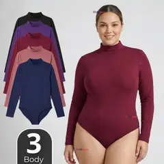 UTILISIMO - Pack 3 Bodys Manga Larga Bambú Cuello Alto Beatle Mujer Colores Surtidos