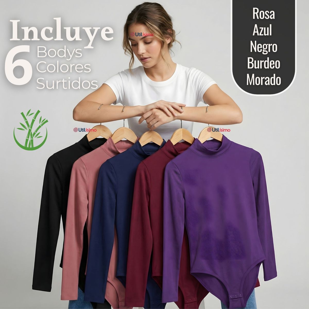 UTILISIMO - Pack 6 Bodys Manga Larga Bambú Cuello Alto Beatle Mujer Colores Surtidos