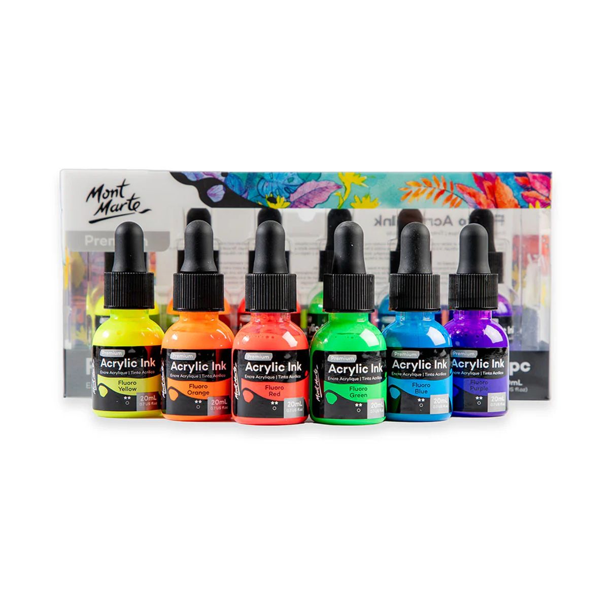 MONT MARTE - Mont Marte Set 6 Tintas Acrílicas Fluorescentes para Aerógrafo y Pluma 20ml