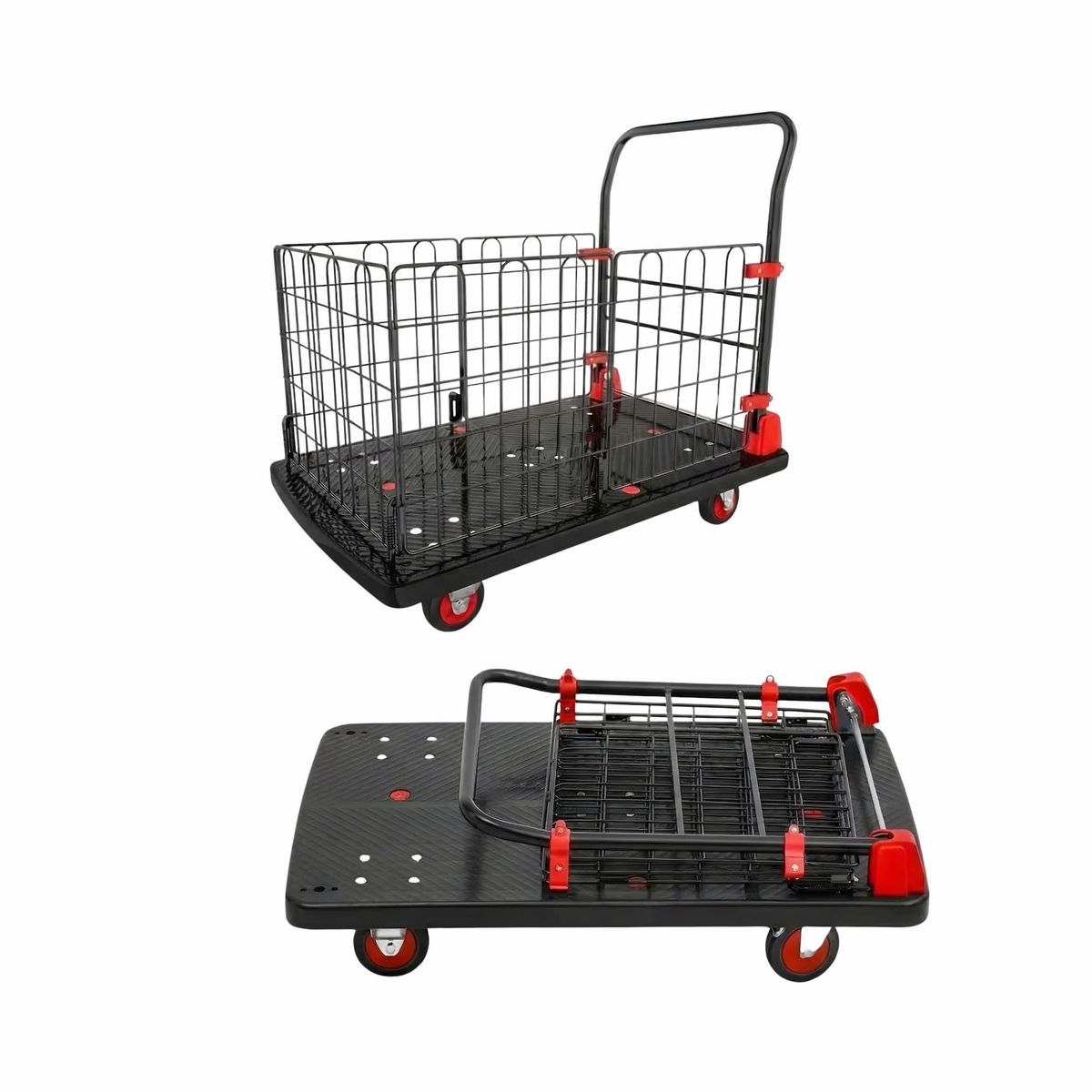 GENERICO - Carro de Carga Industrial Plataforma con Reja Malla 300 Kilos Negro