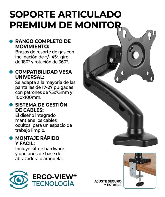 GENERICO Soporte articulado de escritorio para Monitor o TV pantallas de 17 a 27