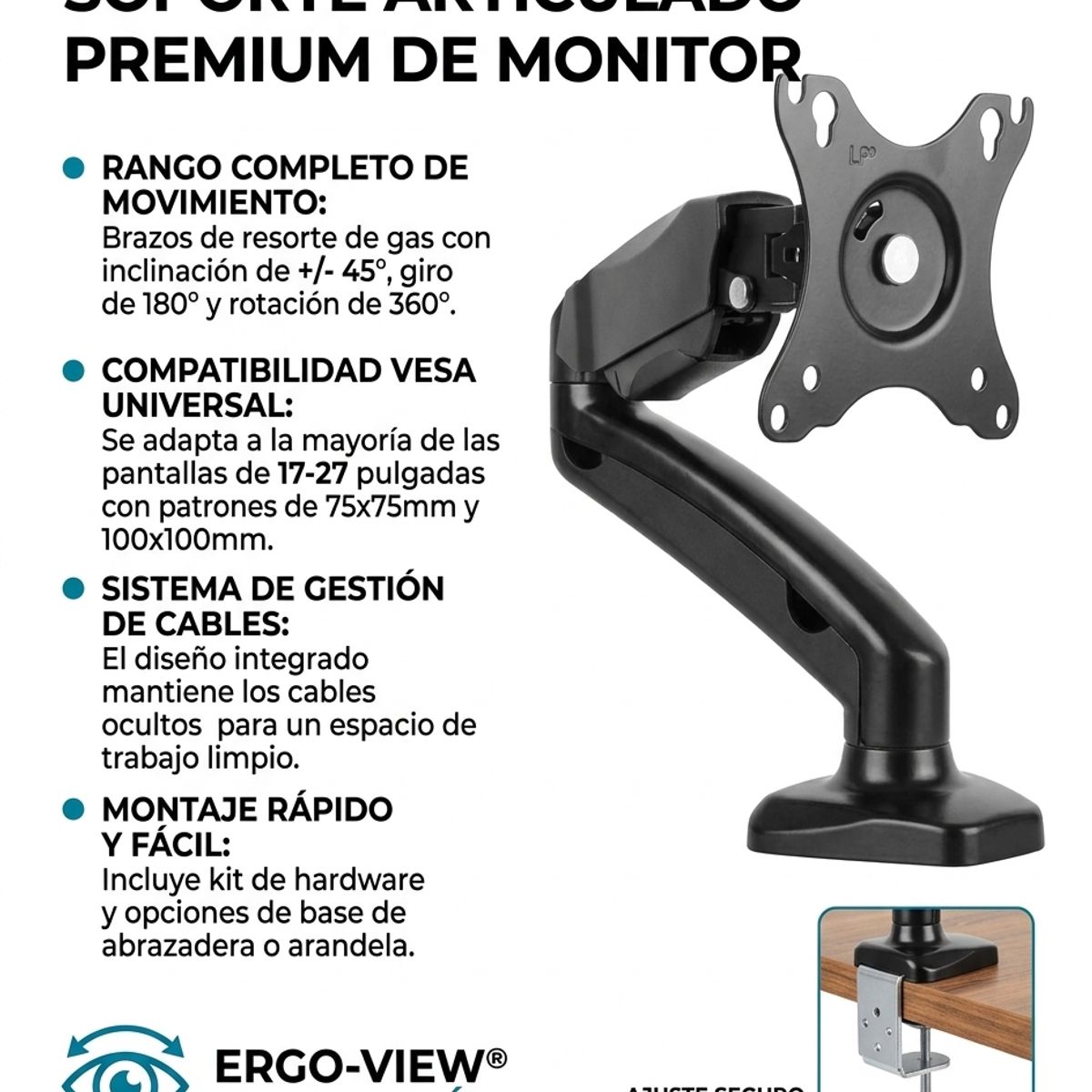 GENERICO - Soporte articulado de escritorio para Monitor o TV pantallas de 17 a 27