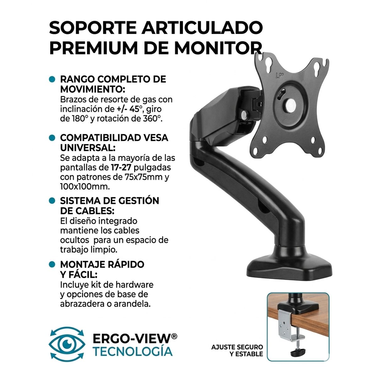 GENERICO - Soporte articulado de escritorio para Monitor o TV pantallas de 17 a 27