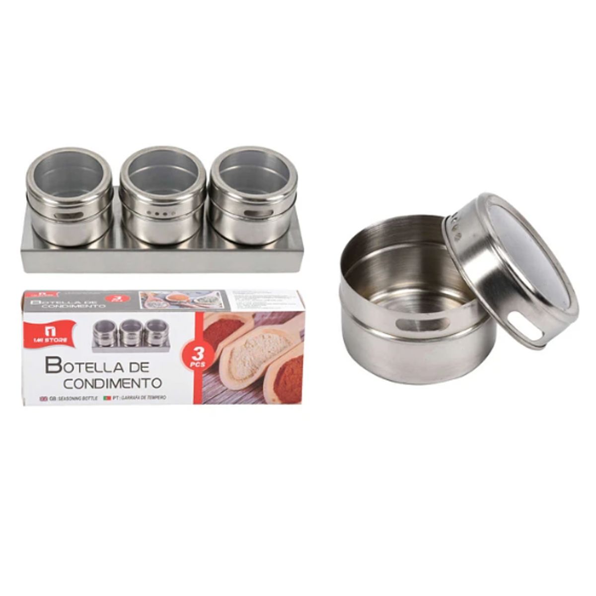 GENERICO - Set Condimentos Acero 3 Piezas Frascos Cocina Practico