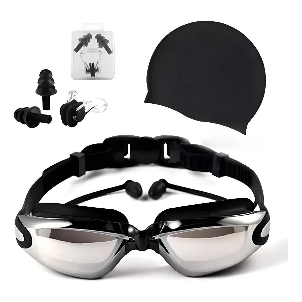 GENERICO - Set Natación Kit Gafas + Gorro Natación + Tapa Oídos Y Nariz Negro BELUG