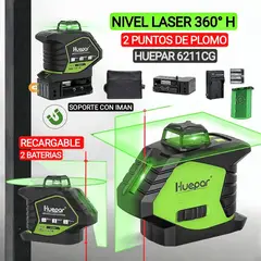 GENERICO - Nivel laser recargable Huepar, 2 baterías. Horizontal 360°+Vertical+puntos de plomada. Línea verde
