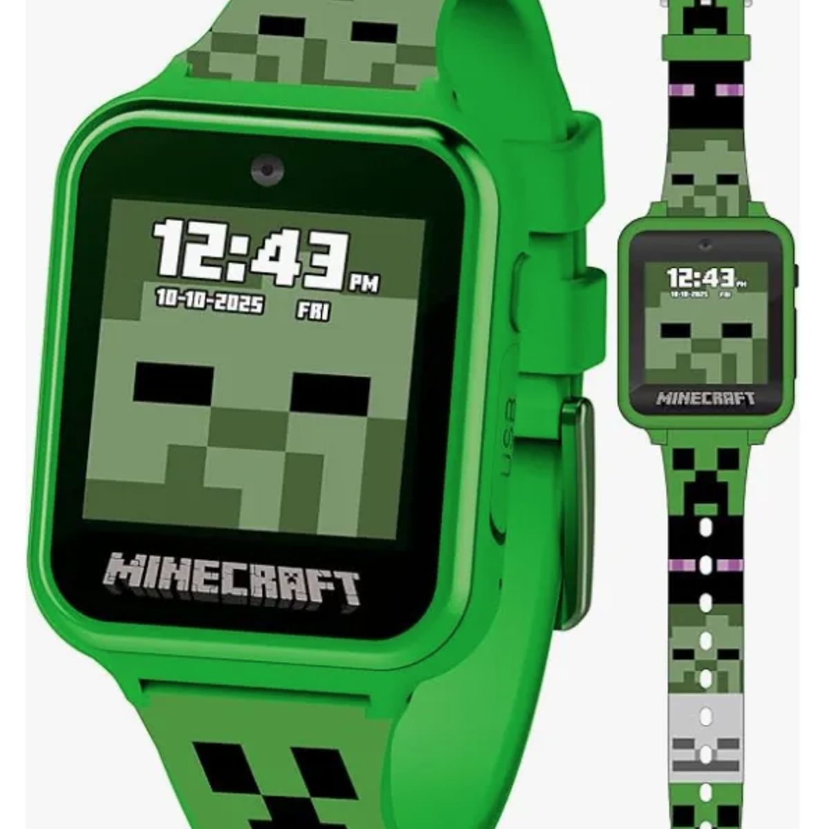 MINECRAFT - Smartwatch Minecraft Ninos Tactil Camara Juegos Usb Verde Blanco Mesh Verde Claro Plateado