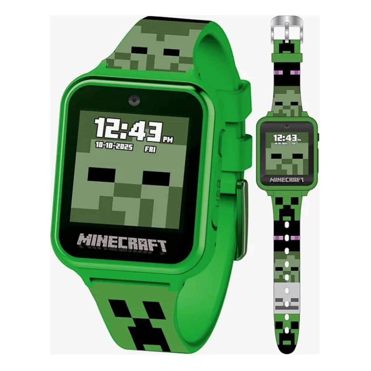 MINECRAFT - Smartwatch Minecraft Ninos Tactil Camara Juegos Usb Verde Blanco Mesh Verde Claro Plateado
