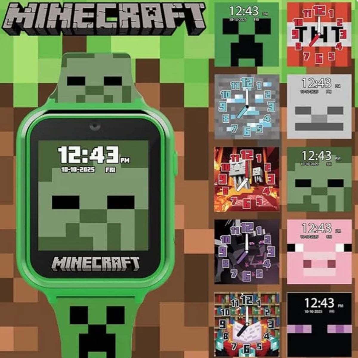 MINECRAFT - Smartwatch Minecraft Ninos Tactil Camara Juegos Usb Verde Blanco Mesh Verde Claro Plateado