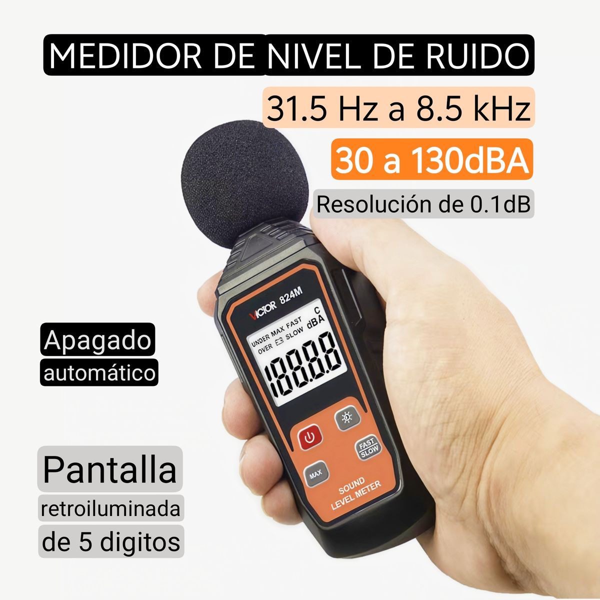 GENERICO - Medidor de nivel de ruido, sonido, sonometro, 30-130 dB, pantalla retroiluminada. Fácil operación.