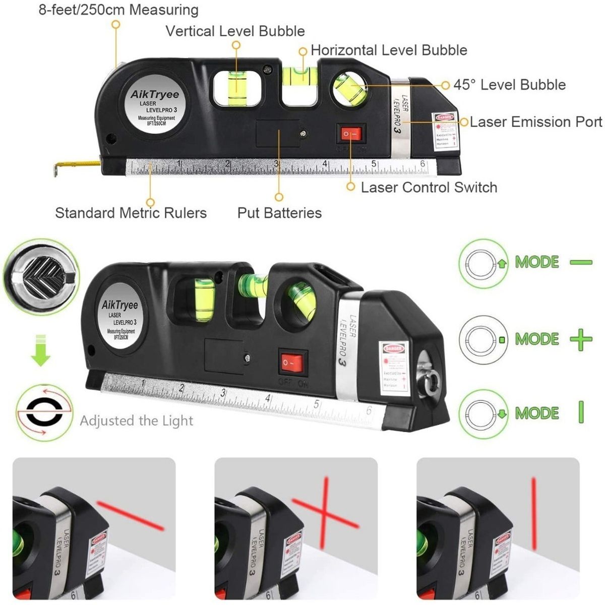 GENERICO - Nivel Laser Cinta Metrica Huincha Regla Pro 3 Multiuso Betensh