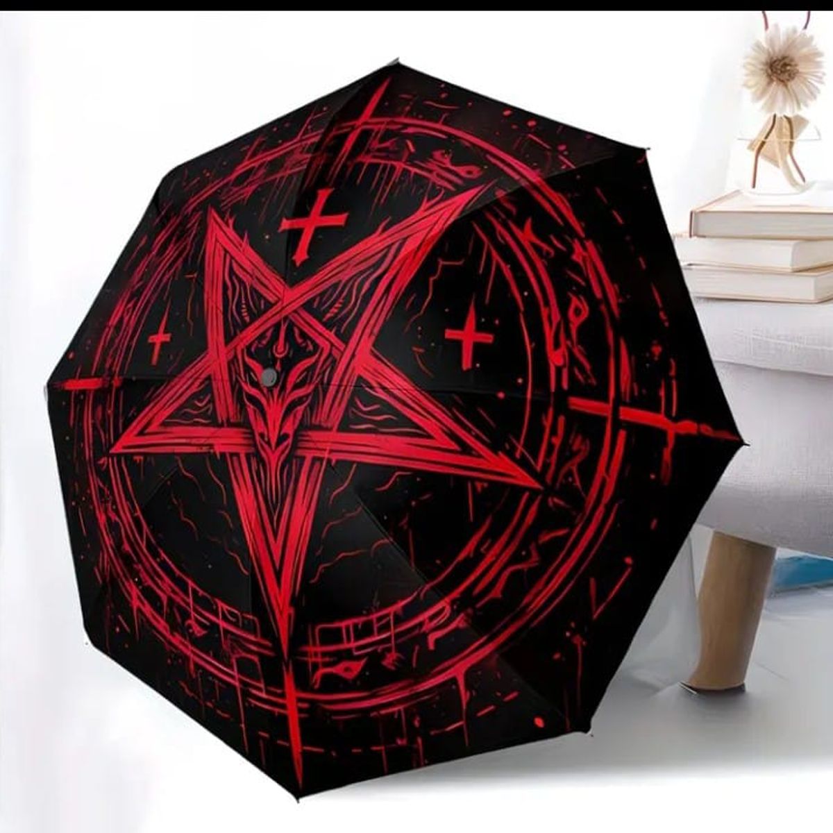GENERICO - PARAGUAS SOMBRILLA DISEÑO PENTAGRAMA ROJO Y CRUCES