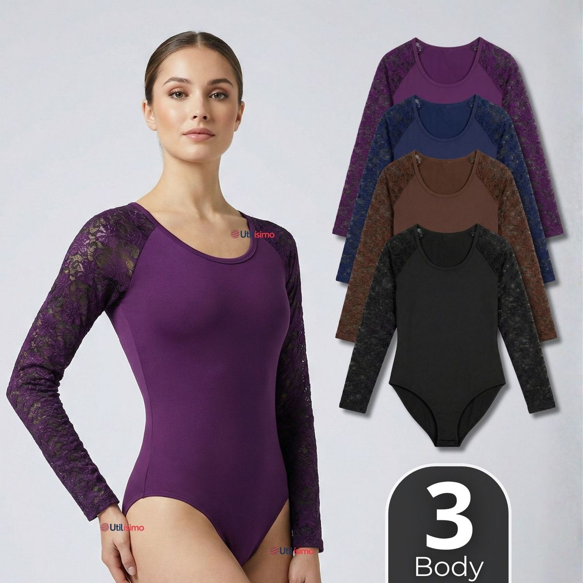 UTILISIMO - Pack 3 Bodys Cuello Redondo Manga Larga Con Encaje Bambú Mujer Colores Surtidos