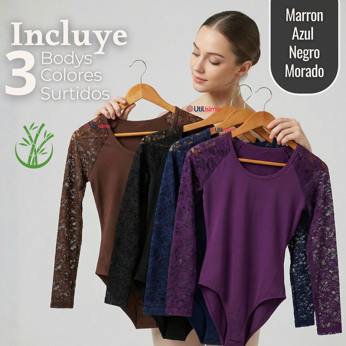UTILISIMO - Pack 3 Bodys Cuello Redondo Manga Larga Con Encaje Bambú Mujer Colores Surtidos