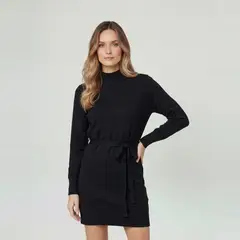 LINEATRE - Vestido Mujer Pilar Largo Cuello Medio Alto. Redondo Cierre Sin Cierre Negro