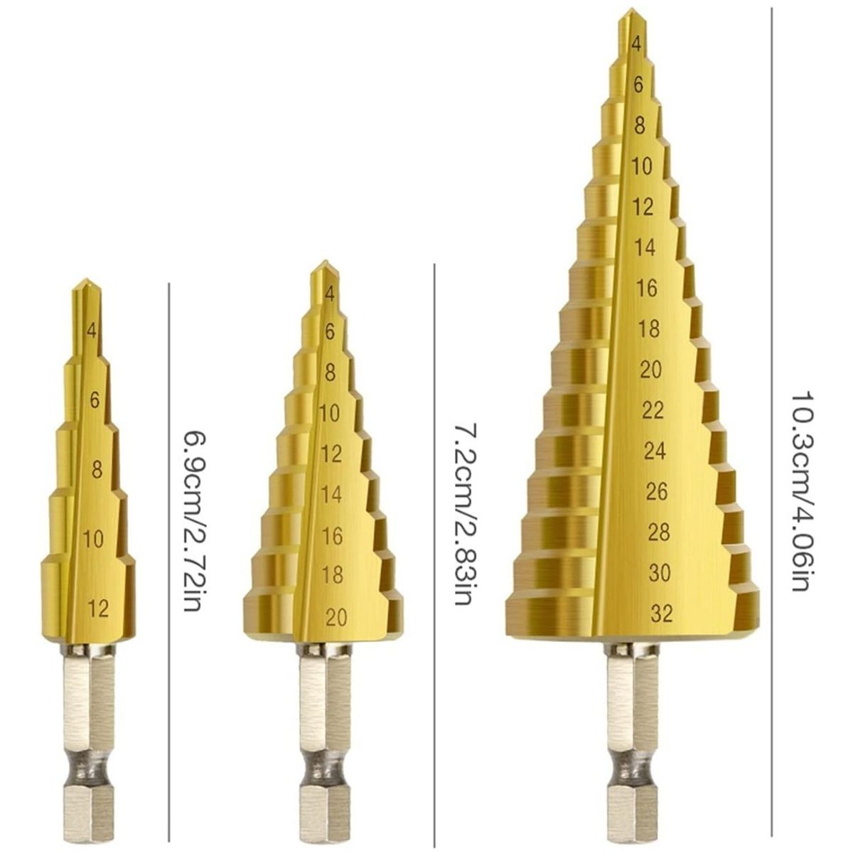 GENERICO - Set 3 Brocas Cónicas Hss Acero Rápido Titanio Metal
