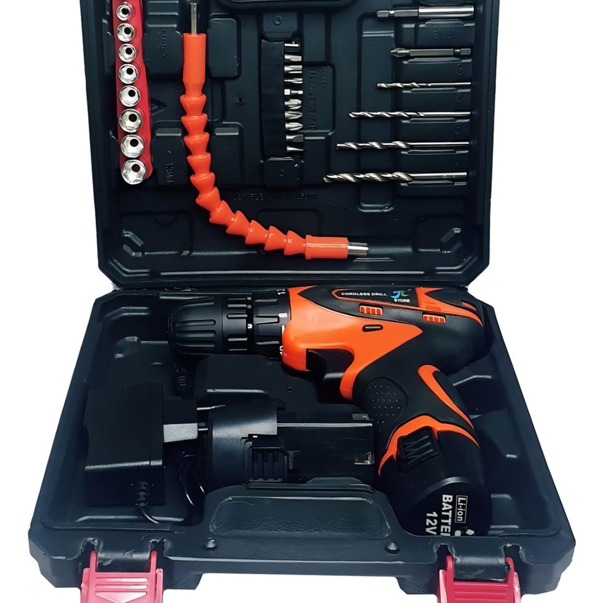 GENERICO - Taladro Destornillador Inalámbrico + 2 Baterias + 26 Acc Color Negro + Naranja - 003349