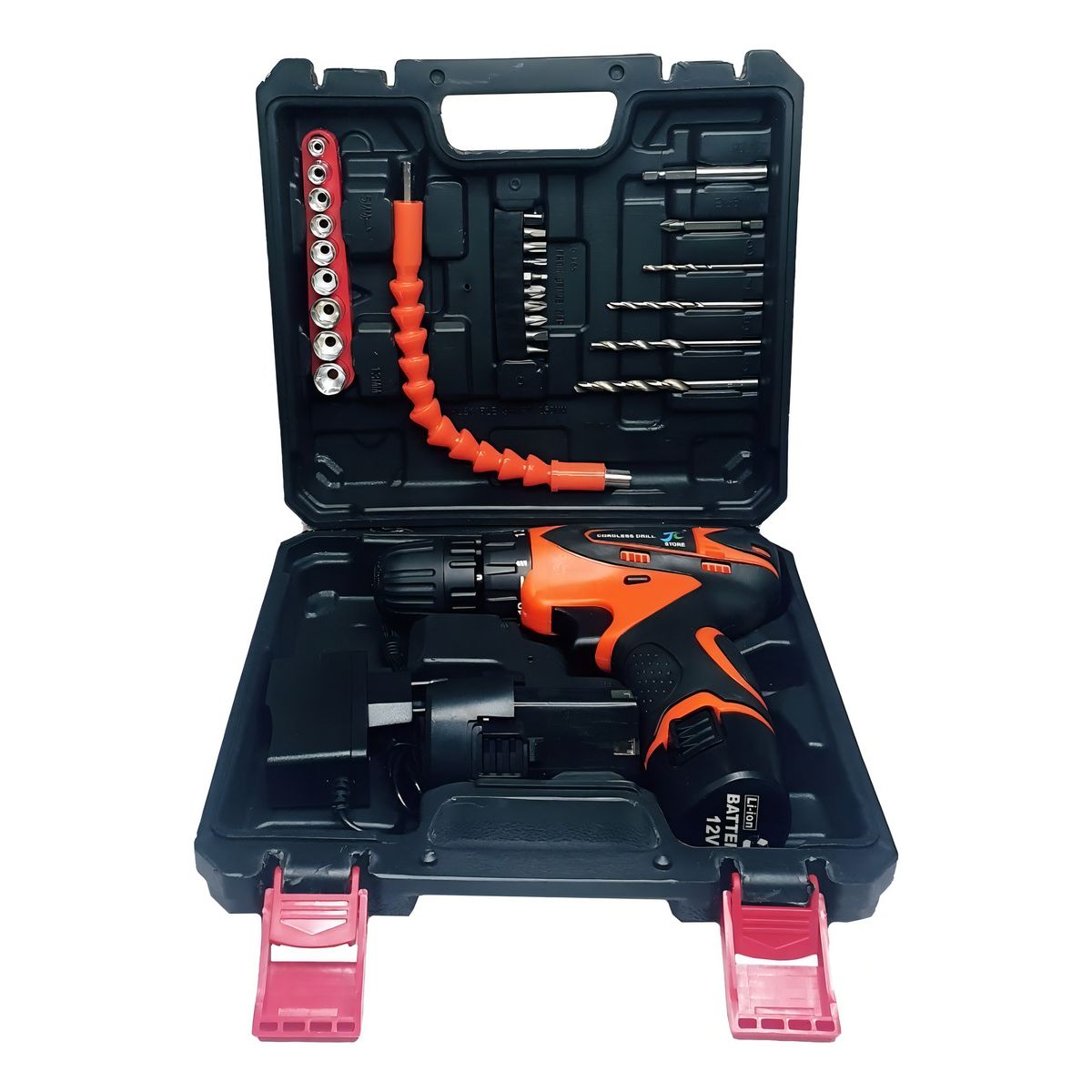 GENERICO - Taladro Destornillador Inalámbrico + 2 Baterias + 26 Acc Color Negro + Naranja - 003349