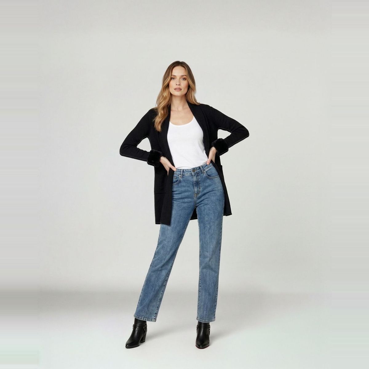LINEATRE - Cardigan Mujer Renata Relaxed Cuello Con Solapa Manga Acampanada Negro Lineatre
