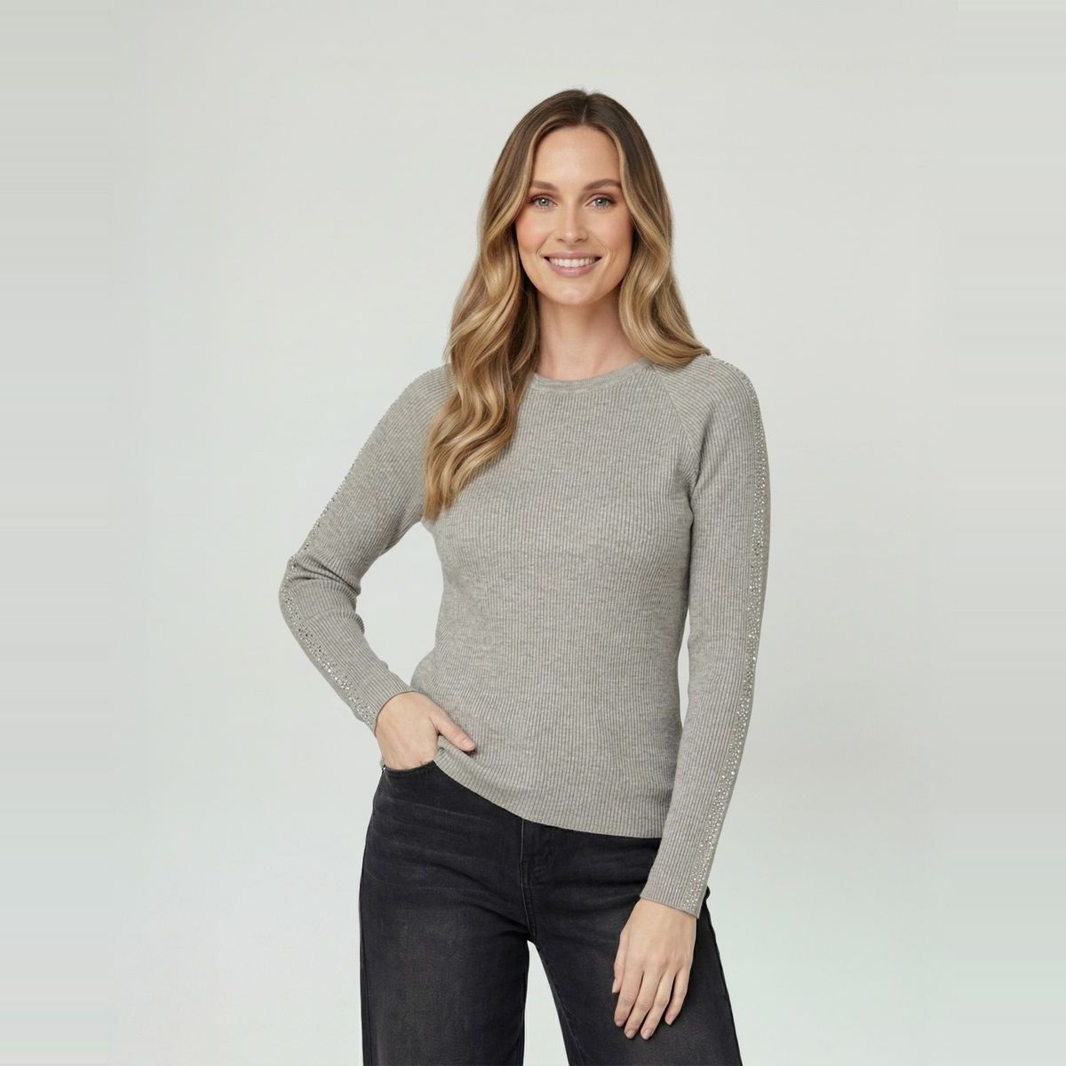 LINEATRE - Sweater Mujer Giuliana Slim Fit Cuello Redondo Manga Caída Fango Lineatre