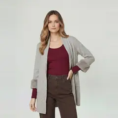LINEATRE - Cardigan Mujer Renata Relaxed Cuello Con Solapa Manga Acampanada Fango