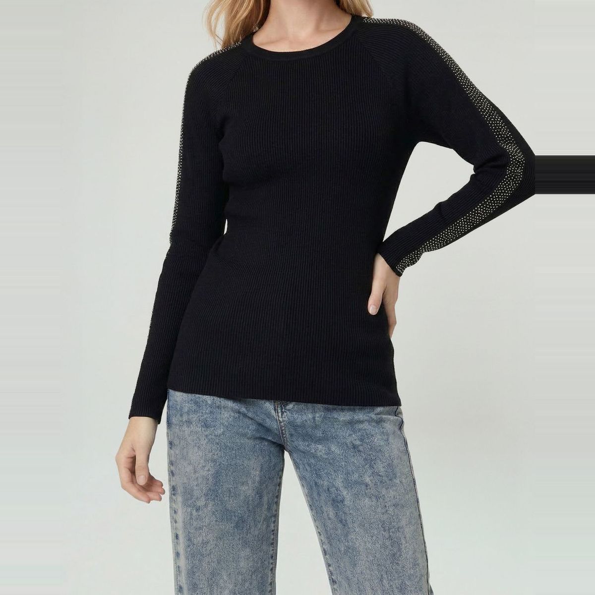LINEATRE - Sweater Mujer Giuliana Slim Fit Cuello Redondo Manga Caída Negro Lineatre