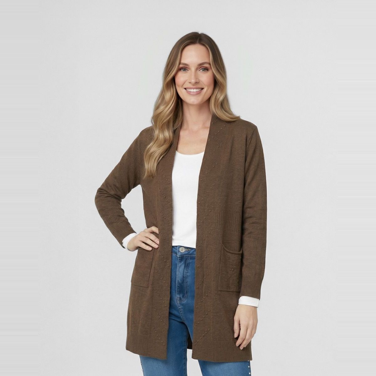 LINEATRE - Cardigan Mujer Paola Relaxed Cuello Tipo Kimono Manga Caída Chocolate Lineatre