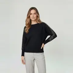 LINEATRE - Sweater Mujer Nora Relaxed Cuello Bote Manga Caída Negro