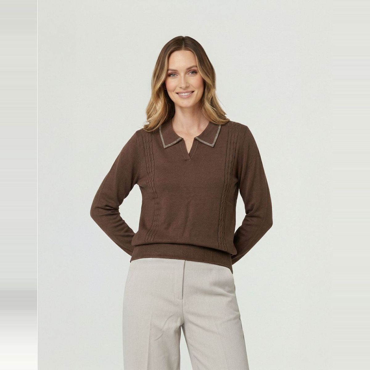 LINEATRE - Sweater Mujer Luciana Relaxed Cuello En V Tipo Camisa Manga Caída Chocolate Lineatre