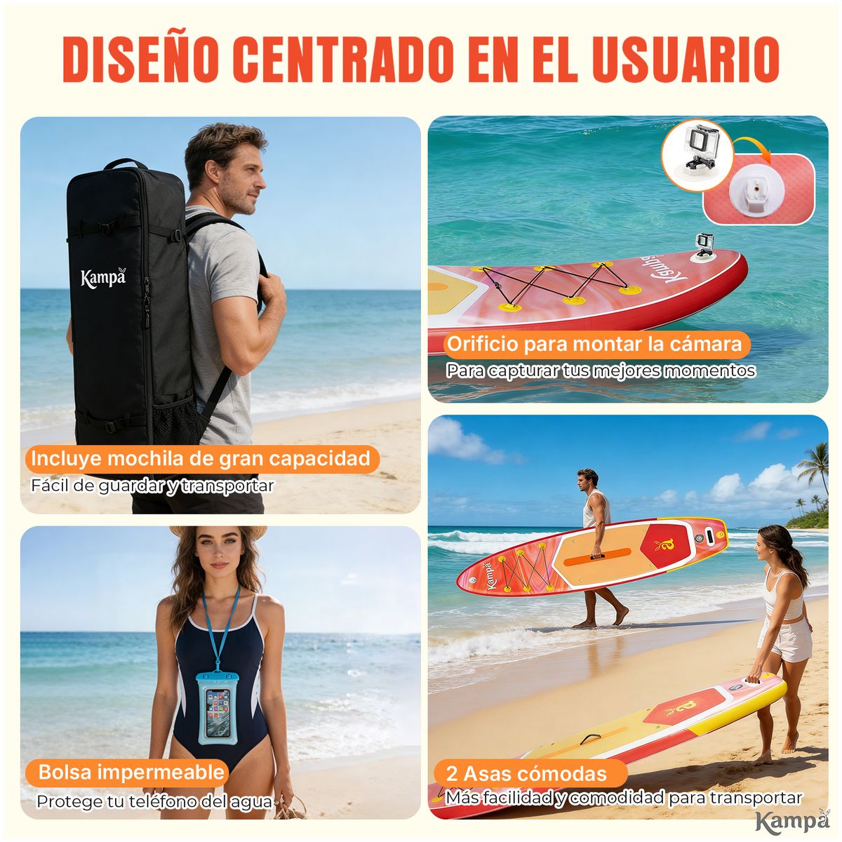 KAMPA - Set Tabla Stand Up Paddle Surf Inflable AZURIA 320x81x15cm Color Sandía