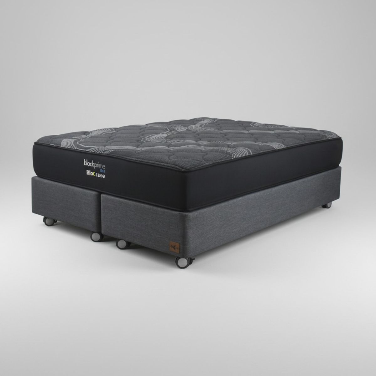 BLOCCARE - Cama 2 Plazas  Box 30 cm - L190 cm  + Colchon Black Prime - Modelo Uno /Con Rueda Logo (Gris)