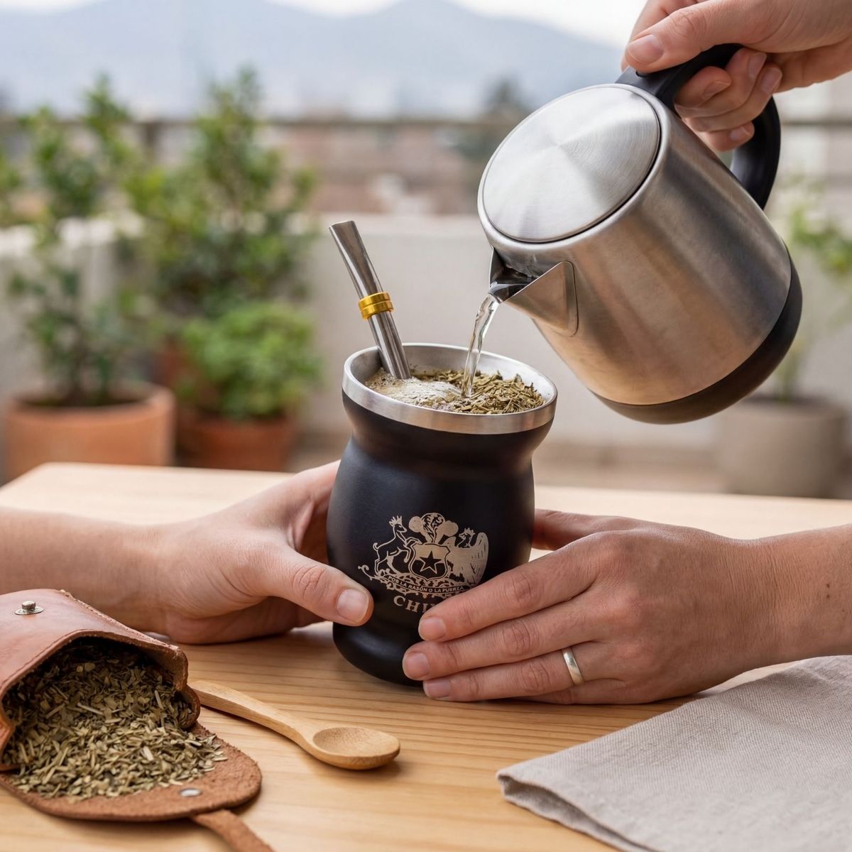 SOLEIO - Matero Acero Inoxidable + Bombilla Escudo de Chile